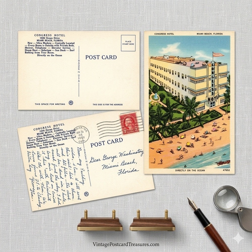 Vintage Linen Postcard Congress Hotel Miami Beach FL Ocean Drive Art Deco